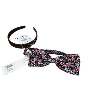 Janie and Jack Headbands Navy Floral Bow Elastic and Brown Headband Gold Accent